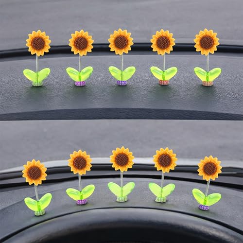 Image of 10 pcs Sunny Vibe Sunflower Ornaments for Car Bobbleheads Accessories Dashboard Decoration - Hippie Cute Funny Natural Shaking Mini Sunflower Plant with Paste DIY Decor Helmet Hairclip Head Mirror