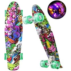 Patines Sancheski WeSkate - Mini monopatín Cruiser Retro, Tabla Completa de 55 cm, Vintage, con Cubierta de plástico y Ruedas LED parpadeantes, para Adultos, niños, Chicos y Chicas, Farbe 32