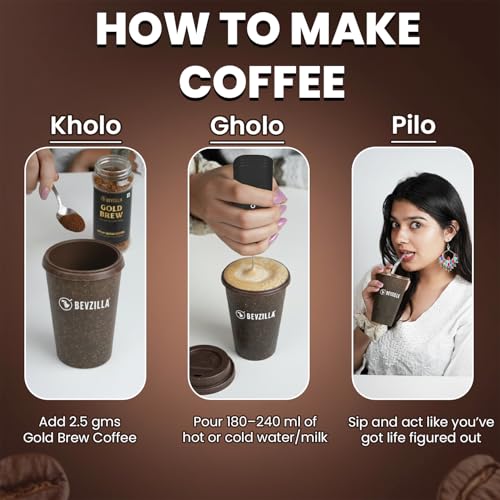 Image of Bevzilla 95 gm Gold Brew Instant Freeze-Dried Coffee Powder with Eco-Friendly Bio-Composite Tumbler | Crafted from Bamboo Fiber, Coffee Husk & Rice Husk | Plastic-Free Cafe-Style Coffee Kit | Enjoy Hot & Cold