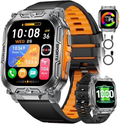1000mAh Akku Smartwatch Herren Militär, 2.01" Sportuhr Herren mit Telefonfunktion/LED Taschenlampe, 100+ Sportmodi Fitnessuhr mit IP68,Herzfrequenz/Schlafmonitor,für Android iOS, G