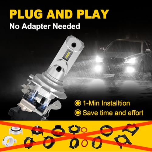 Image of AHOBXD H7 LED Light Bulb Super Bright White 6500K Upgrade 600% 50000LM Brightness Real 1:1 Halogen Size 80000 Hours Life Span H7 /H18 Plug and Play Car Fog Light Bulbs Pack of 2