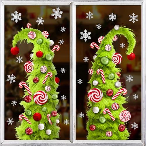 Pawliss Christmas Window Clings Decorations: Extra Large 3D-Effect Furry Green Tree Xmas Window Stickers 2 Sheets Funny Green Christmas Tree Candy Decals for Kids Home School Office Winter Party