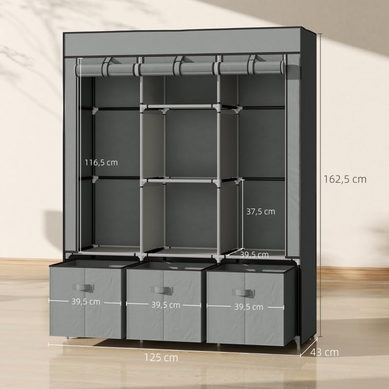 I0I&I0I Kleiderschrank Stoffschrank Faltschrank mit Reißverschluss & Kleiderstange, 3 Schubladen & 5 Ablagen, Faltbarer Garderobenschrank 125x43x162,5 cm für Schlafzimmer & Ankleidezimmer (Hellgrau)