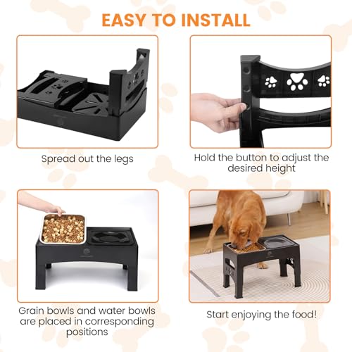 HAPPY HACHI Hundenapf Erhöht,Futterstation Langsamfütterer Wassernapf Ohne Sabbern mit 4 Höhenverstellbar Napfständer,Futterstation für Große Mittlere und Kleine Hunde (Schwarz-Silber)