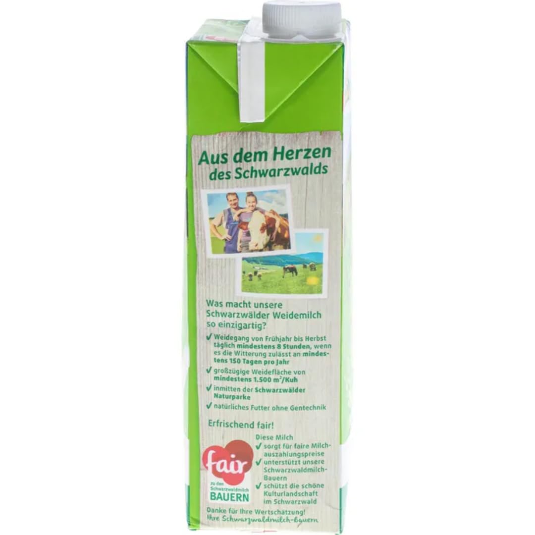 Schwarzwaldmilch Milch fettarme H-Milch, 3,8% Fett Haltbare Milch, Weidemilch, je 1 Liter, 24 Stück+ pufai