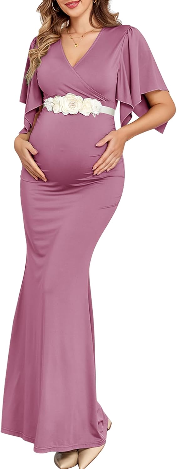 Maxi Maternity Dress with Flower Sash Semi Formal Baby Shower Wedding Guest V-Neck Handkerchief Sleeves Elegant 1. Short Sleeves Large 1. Light Plum, No Flower Sash Size L