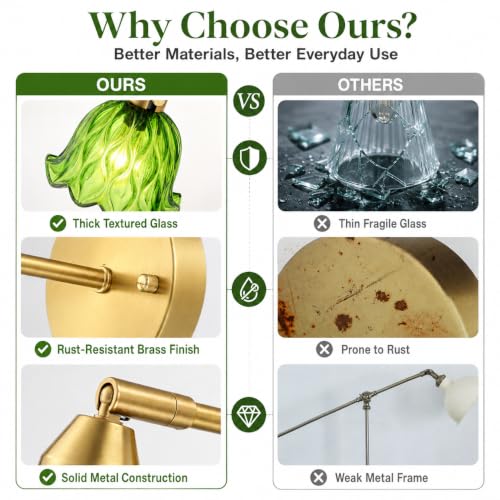 Image of Vintage Gold Wall Sconces - Hardwired Wall Mounted Light Fixtures with Clear Green Tulip Glass Lampshade, 2 Usage Methods Wall Light fixtures for Bathroom Mirror Living Room Hallway Bedroom Wall Decor