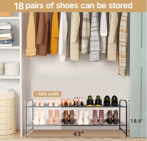 Image of KEETDY 2-Tier Long Shoe Rack for Closet Metal Shoe Organizer for Entryway, Wide Stackable Shoe Storage Shelf with Sturdy Wire Grid for Closet Floor, Bedroom, Black