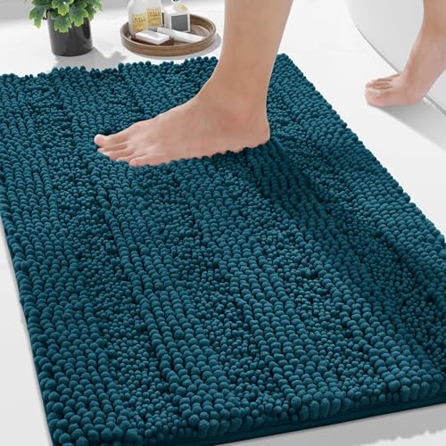 Yimobra Bathroom Rug Mat, Non Slip and Super Absorbent Bath Mat, Machine Washable Quick Dry, Ultra Plush Chenille Shower Rugs for Bathroom Floor Sink Tub and Shower Outside, Peacock Blue, 24 x 17