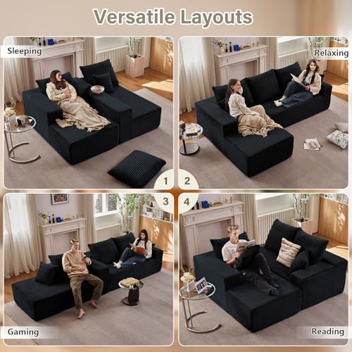 Image of 107 inch Cloud Sectional Couch with L-Shape Chaise, Modern Modular Comfy Sofa with Deep Seat, Upholstered Corduroy Couches Sleeper Chaise Longue for Living Room Bedroom, No Assembly Required, Black