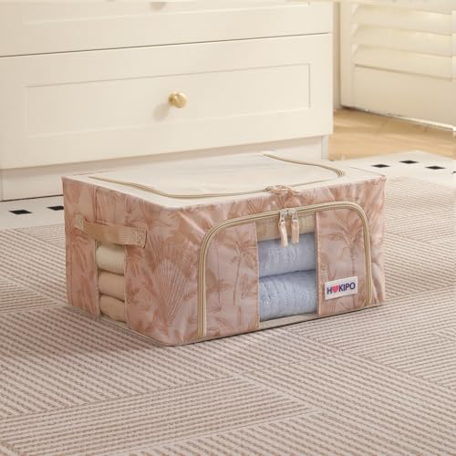 Image of HOKIPO 24L(S) Clothes Storage Box, 600D Oxford Fabric Organiser for Wardrobe, Beige Botanica Pack of 1 (AR-6484-BGE)