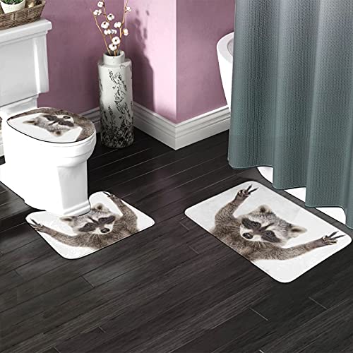 SHEYZYLTD Badematte + Konturmatte + Toilettendeckelbezug Süßer Waschbär 3 Stück Badematte Set, mit rutschfester Klebeunterseite – Bild 3