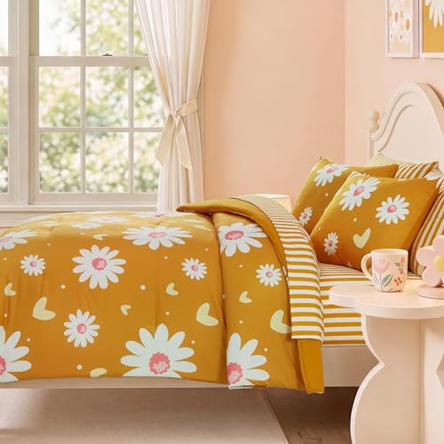 Image of Full Size Comforter Set for Girls Mustard Yellow Daisy 7 Pieces Bedding Set
