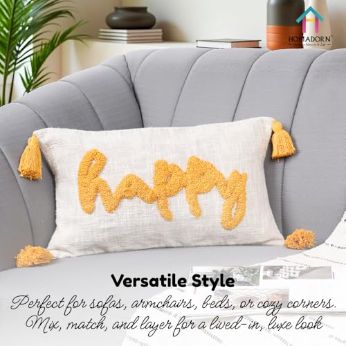 Image of HOMADORN 100% Cotton Text Pattern Handtufted /Embroided Decorative Cushion Cover (12X20 Inches) (2, Happy)