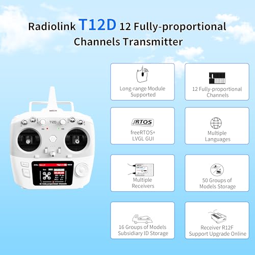 Radiolink T12D 12CH 2.4G RC Transmitter & R12F Receiver, ELRS/Crossfire, 50 Models, 4km Range, RC Aircraft, Drones
