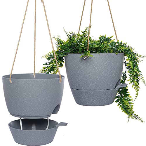 SwinDuck 10 Inch Self Watering Hanging Pots, 2 Pack Hanging Planters with 40oZ Deep Reservior for Indoor Outdoor Plants Flowers, Grey