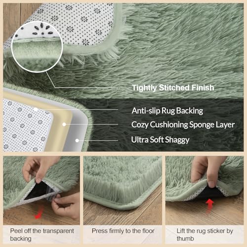 Green Rugs for Living Room, 4x6 Feet Large Fluffy Area Rugs for Bedroom, Soft Carpet Shag Kids Rug with 4 Non-Slip Rug Pads (4ft x 6ft, Green)