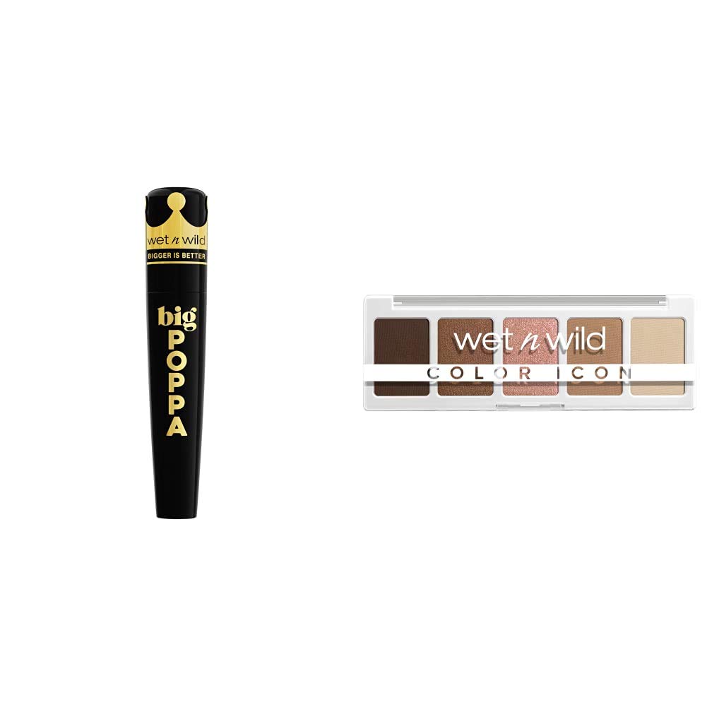 wet n wild Big Poppa Mascara, Blackest Black, 0.27 Fl Oz + wet n wild, Color Icon 5Pan Makeup Palette LongWear Vegan, Walking On Eggshells, 0.21 Ounce