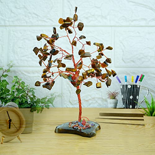 Image of REMEDYWALA Charged Energized Tiger Eye Crystal Tree with Agate Slice Base for Reiki Healing Tiger Eye Stones Crystal Tree 100 Beads