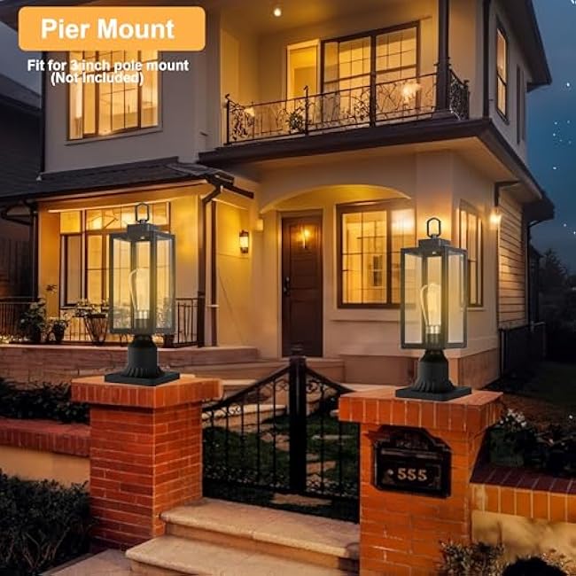 LIT-PaTH Outdoor Post Light, Pole Light with E26 Medium Base, Stainless Metal Housing Plus Glass, Outdoor Post Lighting Fixture for Garden Patio Porch, Matte Black Finish, Bulb Not Included, 1-Pack