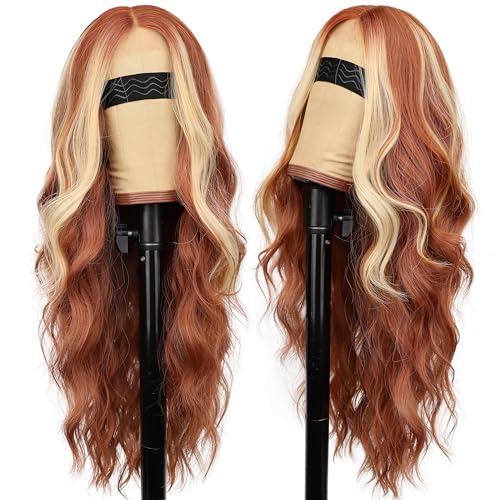 Image of AISI HAIR Ginger Mixed Blonde Wig for Women, Long Wavy Lace Hairline Middle Part Synthetic Wig for Daily Party-26 Inch
