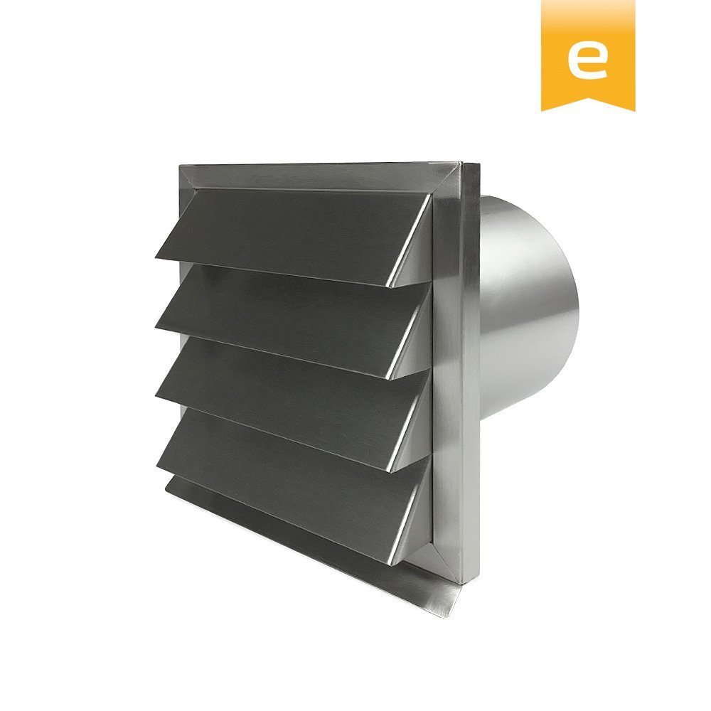 EASYTEC® Edelstahl Außenjalousie DN 150 mm mit Rückstauklappe aus Metall | Hochwertige Ausführung aus gebürstetem Edelstahl mit feststehenden Außenlamellen. Genauer Rohrdurchmesser: 147 mm.