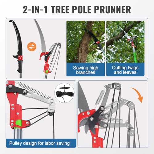 Image of 30 Ft Manual Pole Saw, Extendable Tree Pruner Blade and Scissors Set with 9 Fiberglass Handles, Long Branch Pruner Retractable for Backyard and Garden, Bush Cutting and Pruning of Palm Trees