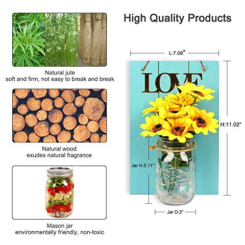 Teal Wall Decor, Fineusea Set Of 2 Sunflowers Mason Jar Lights Wall Wood, Love Theme Art Sconces Artificial Flowers Led Fairy Lights For Country House Office Kids' Room Décor #TOP5