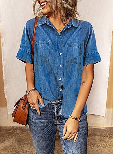 utcoco Women's Button Down Denim Shirt Casual Loose Short Sleeve Jean Shirts Tops with Pockets4