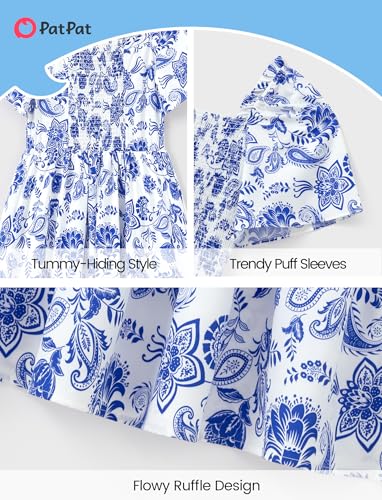 Image of PATPAT Family Matching Outfits Mommy and Me Dresses Floral Dress & T-Shirts | Mommy and Me Easter Dresses, Puff Sleeve Floral Sundress, Cotton Blend T-shirts, Couples Party Wedding Vacation Outfits
