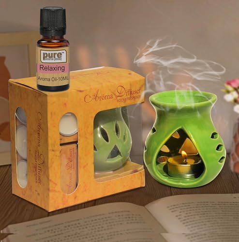 Image of Pure Source India Ceramic Aroma Oil Diffuser Gift Set with 10ML Relaxing Oil & Tealight Candles | 97 Burner for Home Fragrance & Relaxation | Ideal for Gifting & Home Decor (Green)