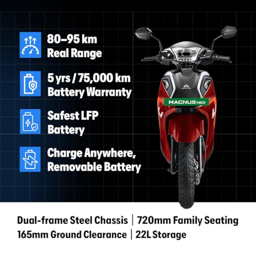 Image of Ampere Magnus Neo Electric Scooter by Greaves | 118 km IDC Range | Safe LFP Battery with 5-Year / 75,000 km Warranty | Colour : Metallic Red