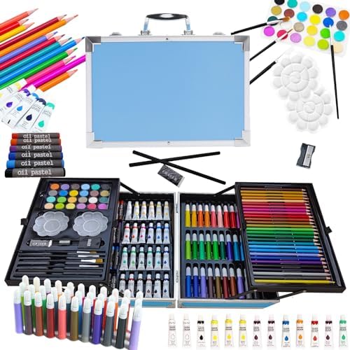 145 pcs Art Set for Kids Teens Painting Coloring,Deluxe Portable Double Layers Aluminum Gift Box(Blue),Mixed Art Supplies for Girls Boys-Includes Crayons,Marker,Oil Pastels,Art Tools