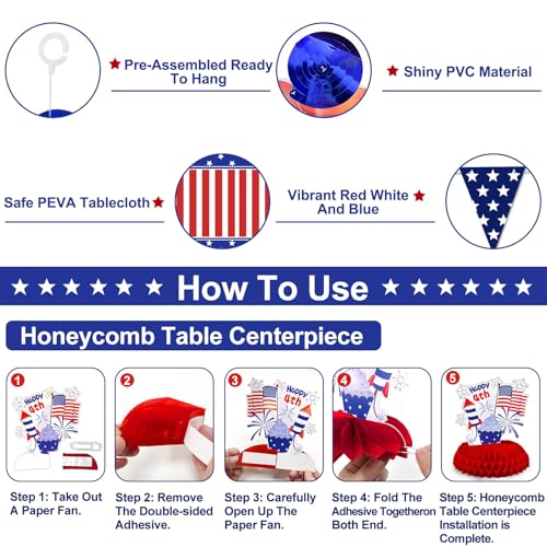 Image of 29 PCS Patriotic Decorations Set, 4th of July Party Decorations Red White Blue USA Flag Banner Tablecloth Hanging Swirls Pennant Honeycomb Table Decor Memorial Day Fourth July Party Favors