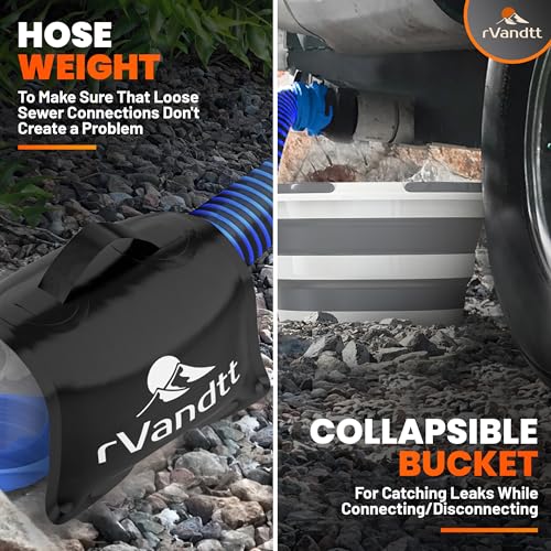 Image of RV Sewer Accessories Kit - 15ft Sewer Hose w /Clear Elbow, 4in1 Adaptor, Support, Collapsible Bucket, Gloves, Hand Cleaner, Wrenches, Kneeling Pad, Weight, Custom Bag