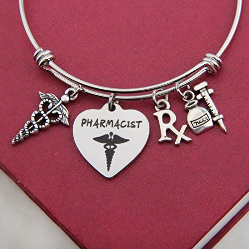 bobauna Stainless Steel Pharmacist Expandable Wire Bangle Bracelet with Medical Caduceus RX Symbol Pharmacy Charms Pharmacist Graduation Gift3