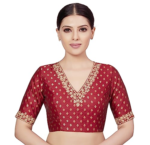 Image of Studio Shringaar Women's Brocade Embroidered V-Neck Readymade Elbow Length Sleeves Saree Blouse