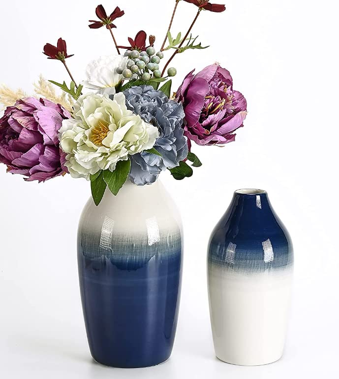 TERESA'S COLLECTIONS Modern Ceramic Vase for Home Decor, Navy Blue and White Vase for Centerpieces, Glazed Decorative Vases for Flower, Living Room, Mantel, Shelf, Gift Choice, 10 inch -Set of 2