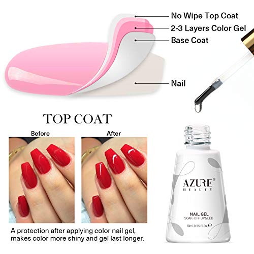 AZUREBEAUTY No Wipe Top Coat and Base Coat Set, 10ml 2 Bottles Soak Off Gel Nail Polish Glossy and Shiny Finish for DIY Nail Beauty at Home Nail Art