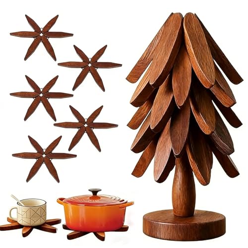 5-Layer Wooden Automatic Shrinking Trivets Wooden Trivet Tree Stackable Coasters Set for the insulation of cups plates bottles pots Home Decoration Walnut