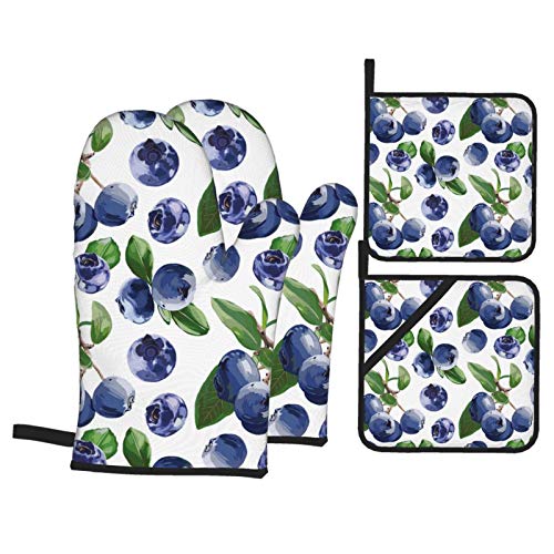 Oven Mitts and Pot Holders 4pcsFresh Ripe Blueberry On White Background BBQ Gloves with Quilted Liner Resistant Hot Pads for Kitchen Cooking Grilling