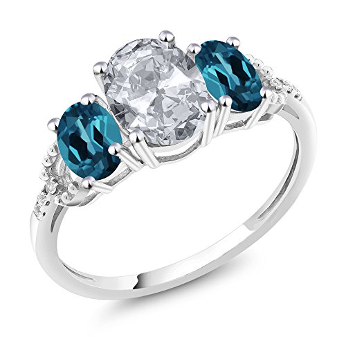 Gem Stone King 10K White Gold Oval White Topaz London Blue Topaz and Diamond Accent 3-Stone Engagement Ring | 2.35 Cttw | Gemstone Birthstone | Available In Size 5, 6, 7, 8, 9