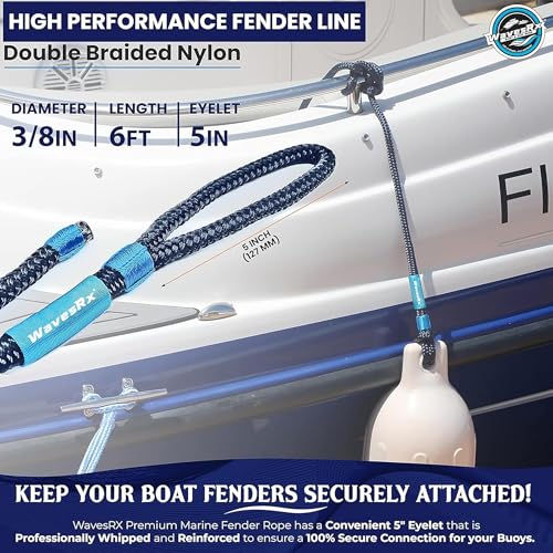 Image of WavesRx Premium Fender Line 3 /8'' x 6' (4 Pack) | Double Braided Nylon Boat Dock Lines and Ropes for Docking Buoys & Fenders | Marine Dock Ropes for Boats, Pontoons | Boat Ropes for Docking with Loop