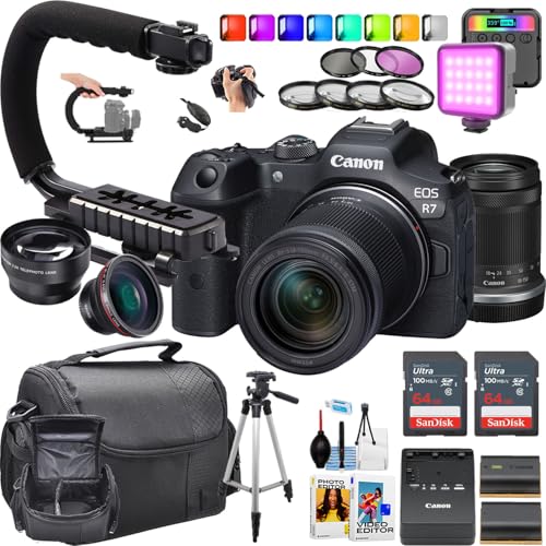 Canon EOS R7 Mirrorless Camera w/18-150mm Lens + 2pc Sandisk 64GB Memory Card + Camera Case + More (21pc Bundle) (Renewed)