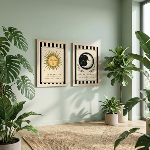 Image of NoWorries Sun & Moon Wall Art Set of 2, Celestial Boho Decor, Vintage Tarot Inspired Prints, Spiritual Wall Decor for Bedroom, Living Room & Meditation Space (Art-15, 13x19inch)