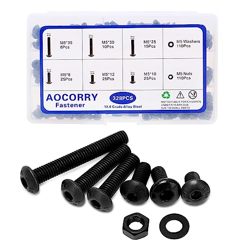 Screws Nuts and Washers Assortment Kit, 328Pcs Button Head Screws, Screw Set,12.9 Grade Alloy Steel Metric Hex Button Head Cap Bolts and Nuts Kit,M5 x 10/12/16/25/30/35mm