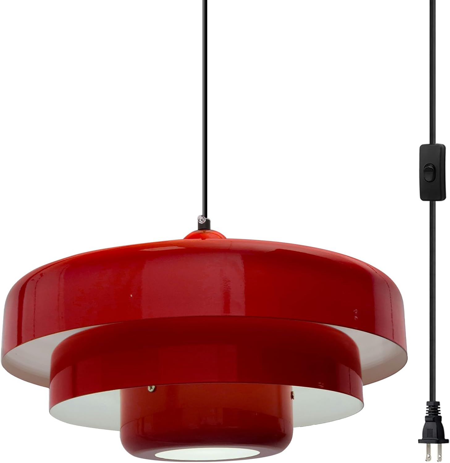 Red Pendant Light Fixtures, Vintage Ceiling Hanging Light with 14Ft Black Cord, 3-Layer Metal Shade, On/Off Switch, Plug in Pendant Lights for Dining Room, Living Room, Kitchen