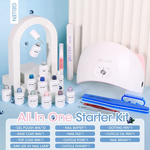 Gellen Gel Nail Polish Kit With Uv Light Starter Kit Professional, 10 Colors Blue Grays Pastel Gel Polish Kit, 24W Nail Dryer&Base Top Coat, All-In-One Manicure Gift Set, Salon/Home Diy Nail Art Tools #TOP1