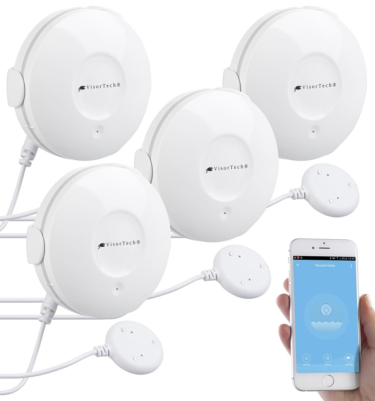 VisorTech Smarter Wassermelder: 4er-Set WLAN-Wassermelder, externer Sensor, App (Wassermelder Alexa kompatibel, Wassermelderalarm, Handy)