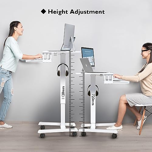 Miniatura 3 de Bontec 65 45cm Estación De Trabajo Para Computadora Móvil De Dos Niveles Con 4 Ruedas Giratorias, Soporte Para Computadora Portátil Con Ruedas, Escritorio De Pie Ajustable En Altura Blanco